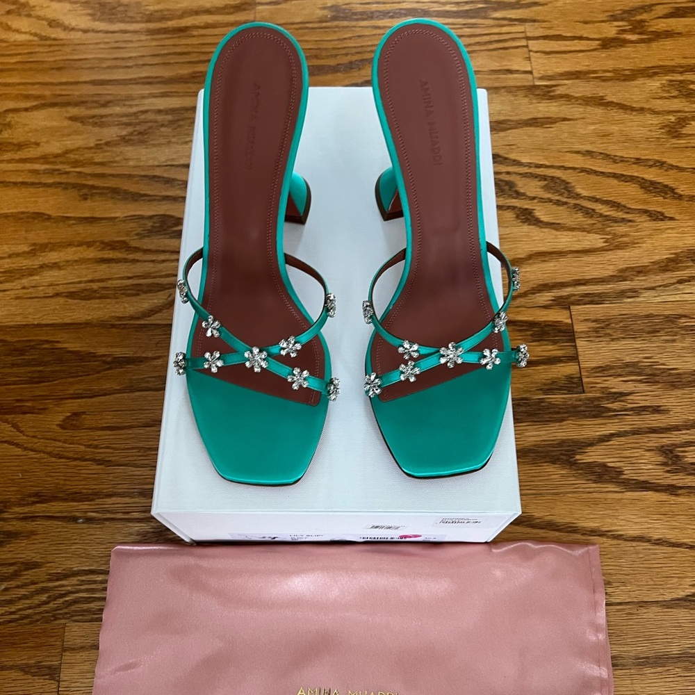 😊SOLD😊Amina Muaddi Green Crystals Lily heeled sandals in size 39.5